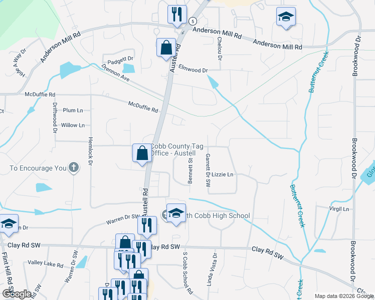map of restaurants, bars, coffee shops, grocery stores, and more near 1813 Seayes Road Southwest in Austell