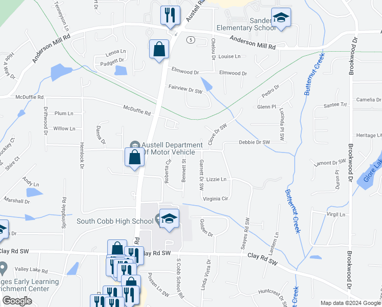 map of restaurants, bars, coffee shops, grocery stores, and more near 1805 Seayes Road Southwest in Austell