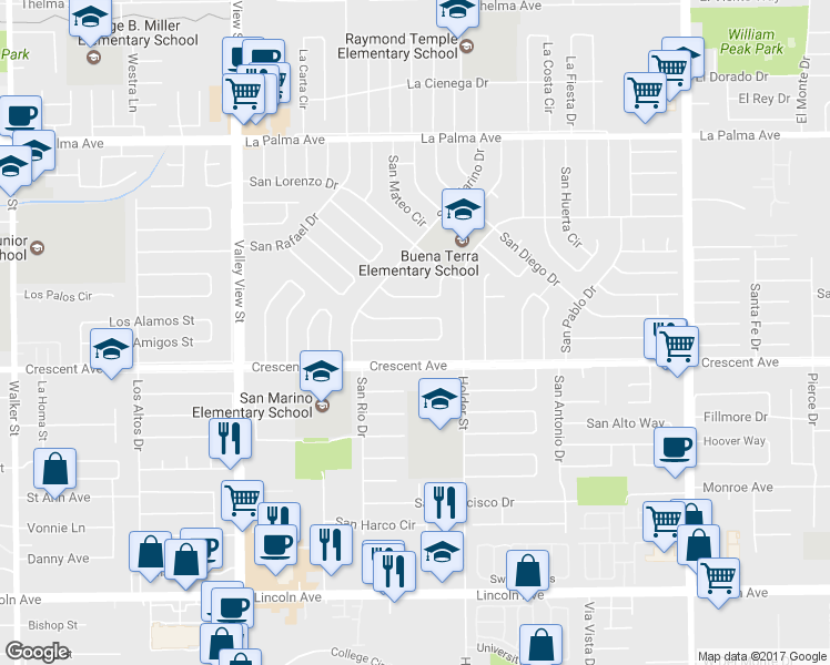 map of restaurants, bars, coffee shops, grocery stores, and more near 6452 San Marcos Way in Buena Park