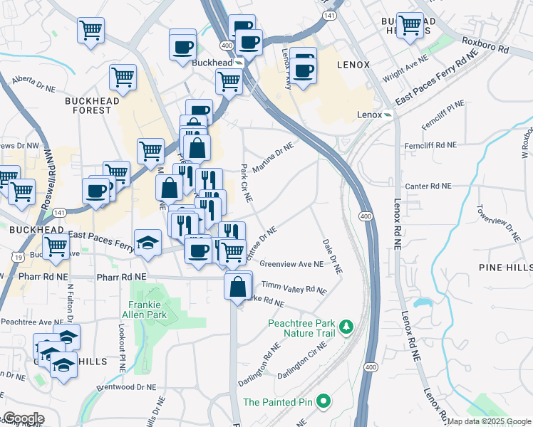 map of restaurants, bars, coffee shops, grocery stores, and more near 657 East Paces Ferry Road Northeast in Atlanta