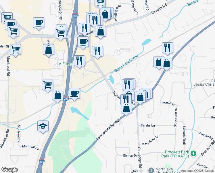 map of restaurants, bars, coffee shops, grocery stores, and more near 2000 Northlake Parkway in Tucker