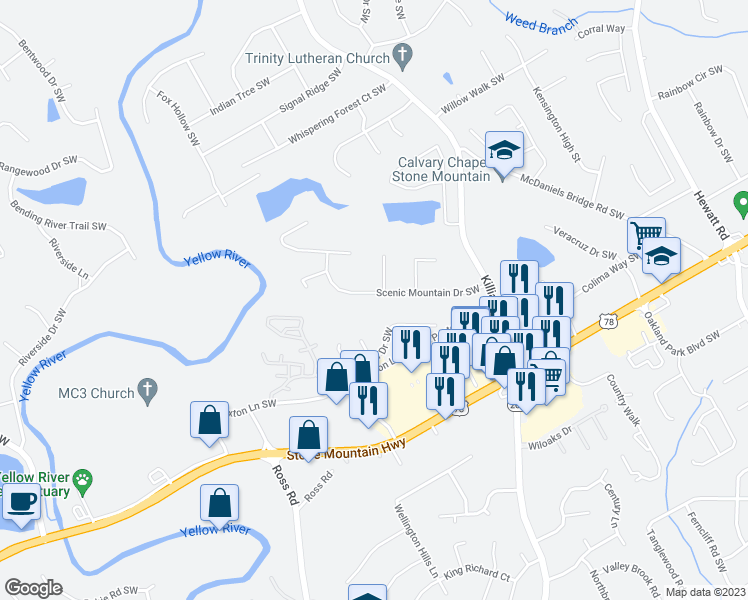 map of restaurants, bars, coffee shops, grocery stores, and more near 4142 Scenic Mountain Drive Southwest in Snellville