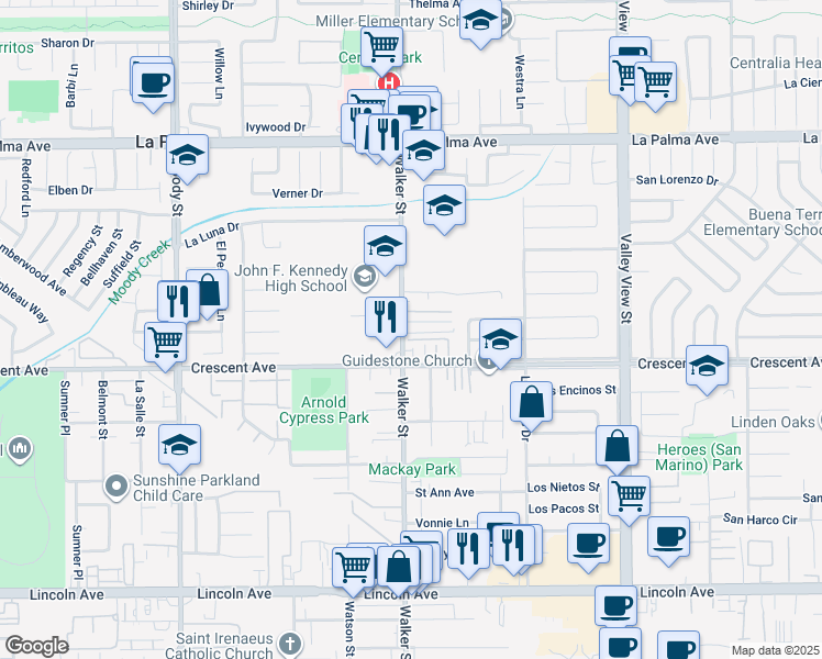 map of restaurants, bars, coffee shops, grocery stores, and more near 8392 Walker Street in La Palma