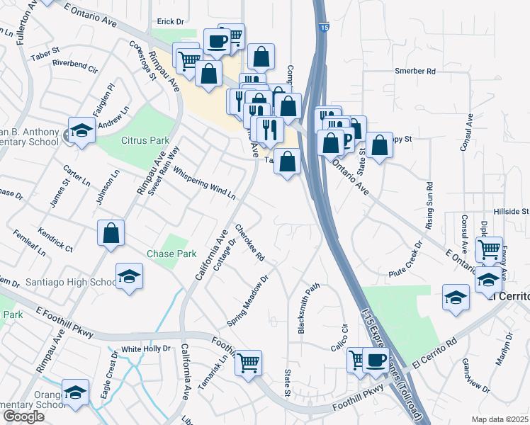 map of restaurants, bars, coffee shops, grocery stores, and more near 1585 Dianne Lane in Corona