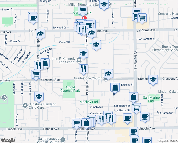 map of restaurants, bars, coffee shops, grocery stores, and more near 8392 Walker Street in La Palma