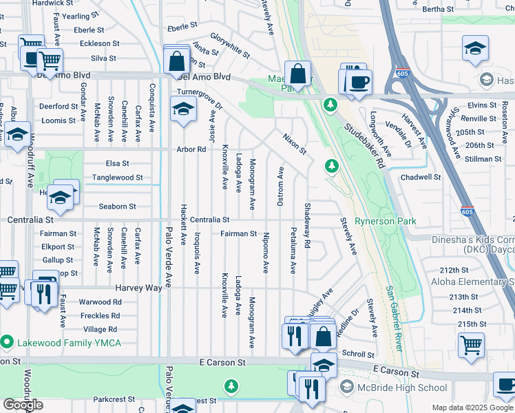 map of restaurants, bars, coffee shops, grocery stores, and more near 4512 Monogram Avenue in Lakewood
