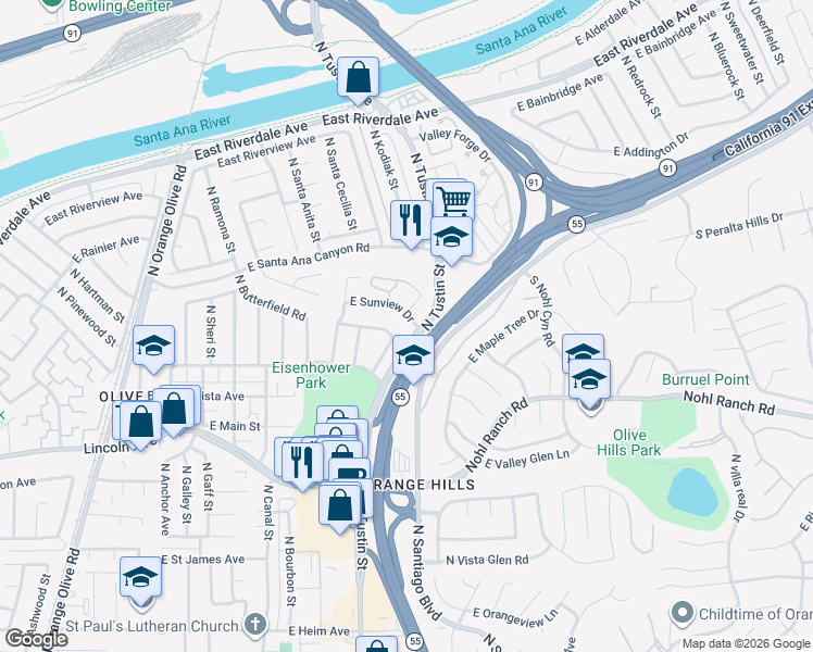 map of restaurants, bars, coffee shops, grocery stores, and more near 1834 East Sunview Drive in Orange