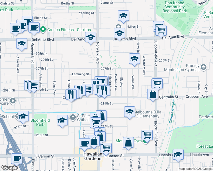 map of restaurants, bars, coffee shops, grocery stores, and more near 12224 209th Street in Lakewood