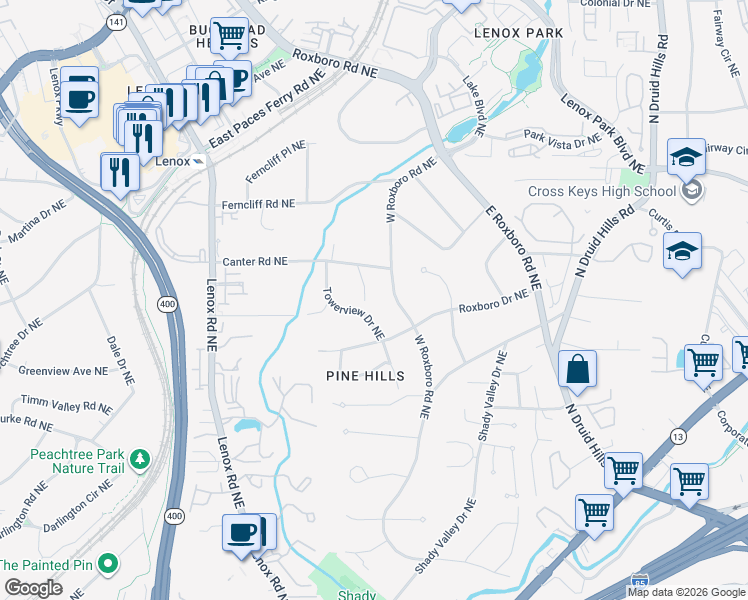 map of restaurants, bars, coffee shops, grocery stores, and more near 3131 Merrick Drive Northeast in Atlanta