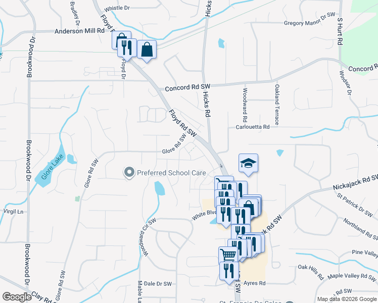map of restaurants, bars, coffee shops, grocery stores, and more near 4639 Piston Junction Southwest in Mableton