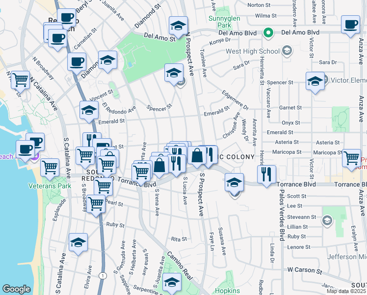 map of restaurants, bars, coffee shops, grocery stores, and more near 205 South Lucia Avenue in Redondo Beach