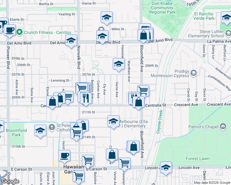 map of restaurants, bars, coffee shops, grocery stores, and more near 20833 Verne Avenue in Lakewood