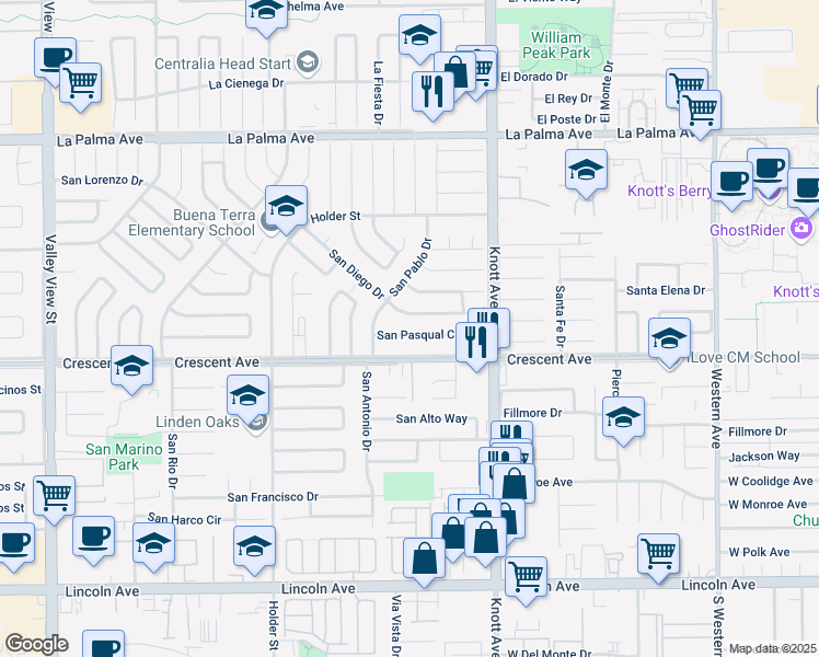 map of restaurants, bars, coffee shops, grocery stores, and more near 6842 San Pasqual Circle in Buena Park