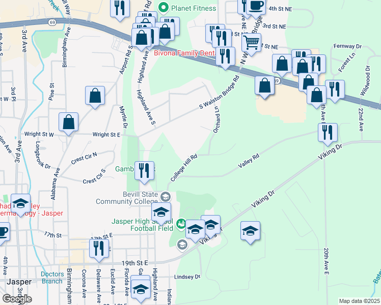 map of restaurants, bars, coffee shops, grocery stores, and more near 1106 College Hill Road in Jasper
