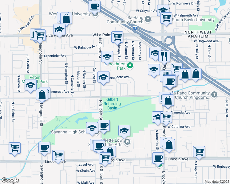 map of restaurants, bars, coffee shops, grocery stores, and more near 2341 West Crescent Avenue in Anaheim