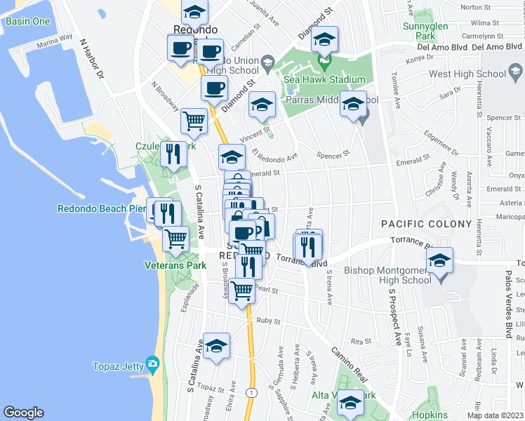 map of restaurants, bars, coffee shops, grocery stores, and more near Garnet St & S Francisca Ave in Redondo Beach