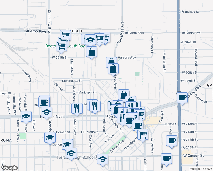 map of restaurants, bars, coffee shops, grocery stores, and more near 715 Border Avenue in Torrance