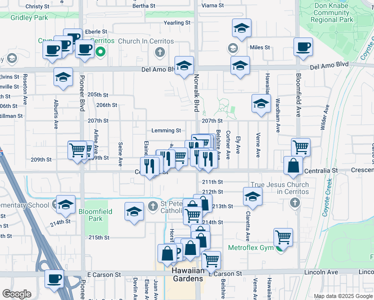 map of restaurants, bars, coffee shops, grocery stores, and more near 20817 Norwalk Boulevard in Lakewood