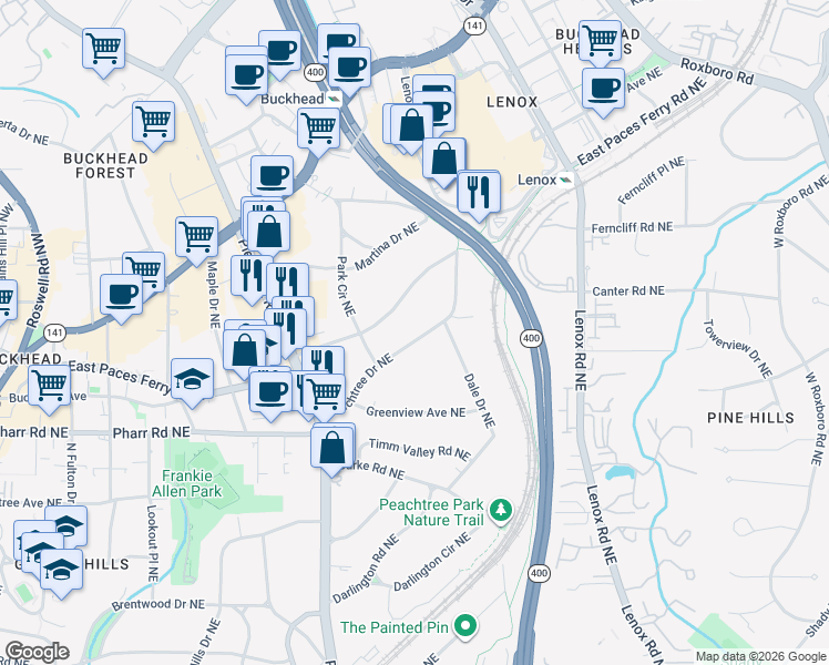 map of restaurants, bars, coffee shops, grocery stores, and more near 3126 Peachtree Drive Northeast in Atlanta