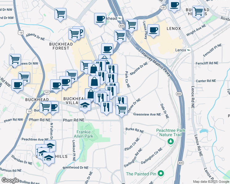 map of restaurants, bars, coffee shops, grocery stores, and more near 3085 Piedmont Road Northeast in Atlanta