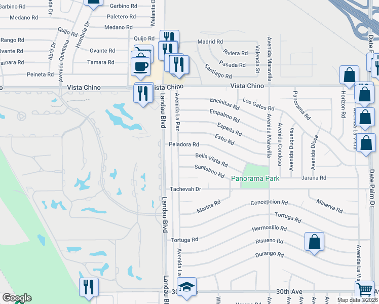 map of restaurants, bars, coffee shops, grocery stores, and more near 68135 Bella Vista Road in Cathedral City