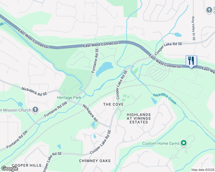 map of restaurants, bars, coffee shops, grocery stores, and more near 10 Cooper Lake Road Southeast in Mableton
