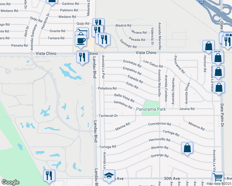 map of restaurants, bars, coffee shops, grocery stores, and more near 68150 Bella Vista Road in Cathedral City