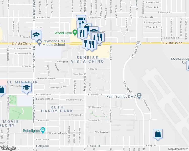 map of restaurants, bars, coffee shops, grocery stores, and more near 1861 Paseo Raqueta in Palm Springs