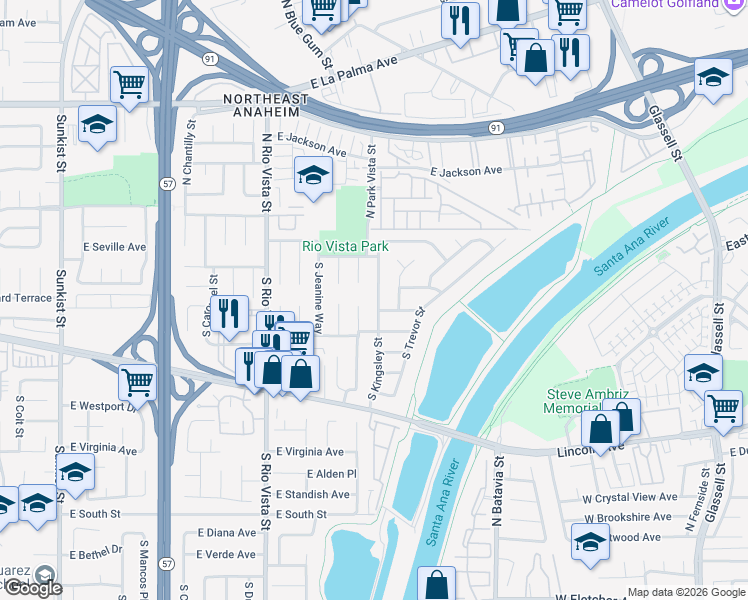 map of restaurants, bars, coffee shops, grocery stores, and more near 141 South Kingsley Street in Anaheim