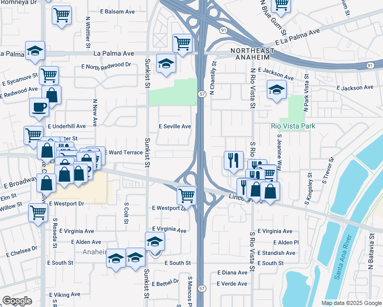 map of restaurants, bars, coffee shops, grocery stores, and more near 11 East Ward Terrace in Anaheim