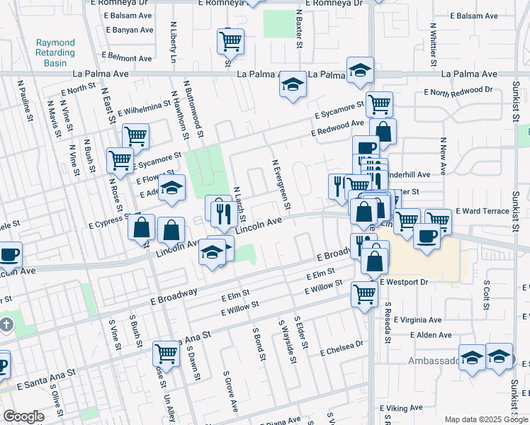 map of restaurants, bars, coffee shops, grocery stores, and more near 1571 East Lincoln Avenue in Anaheim