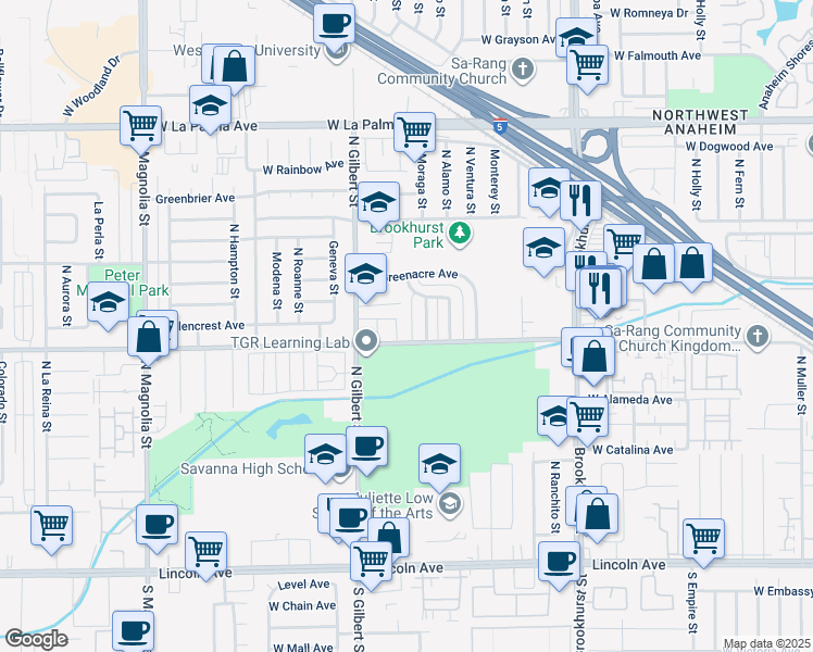 map of restaurants, bars, coffee shops, grocery stores, and more near 2341 West Crescent Avenue in Anaheim