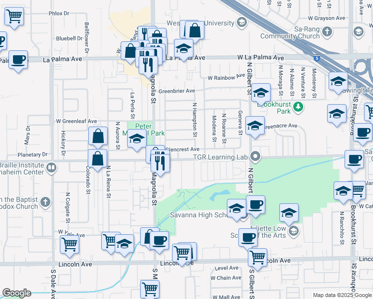 map of restaurants, bars, coffee shops, grocery stores, and more near 2538 West Glencrest Avenue in Anaheim