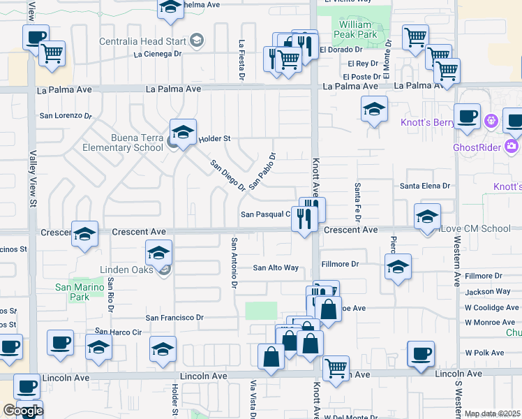 map of restaurants, bars, coffee shops, grocery stores, and more near 6842 San Pasqual Circle in Buena Park