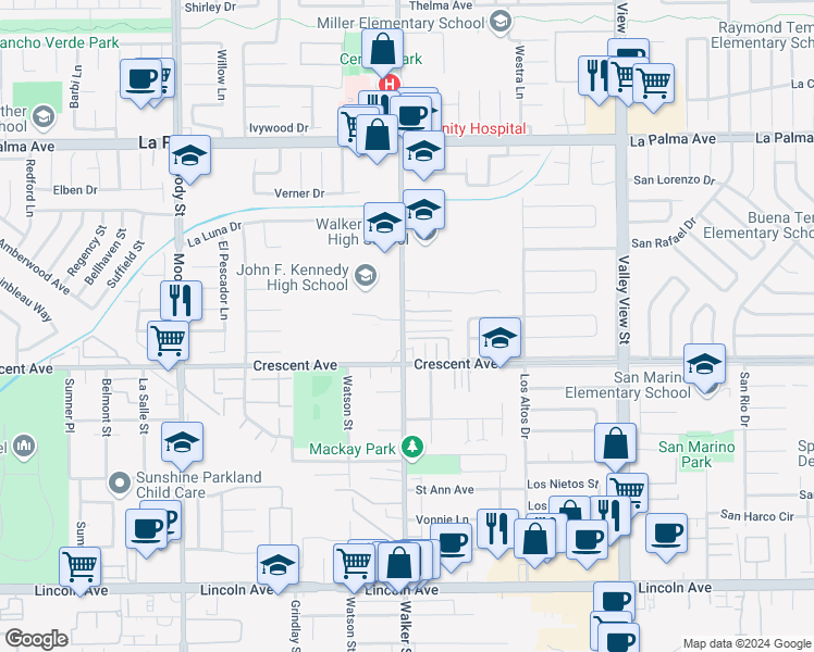 map of restaurants, bars, coffee shops, grocery stores, and more near 8410 Walker Street in La Palma