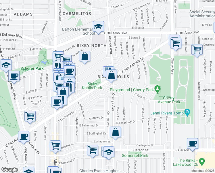 map of restaurants, bars, coffee shops, grocery stores, and more near 4459 Le Park Drive in Long Beach