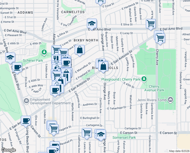 map of restaurants, bars, coffee shops, grocery stores, and more near 4459 Le Park Drive in Long Beach