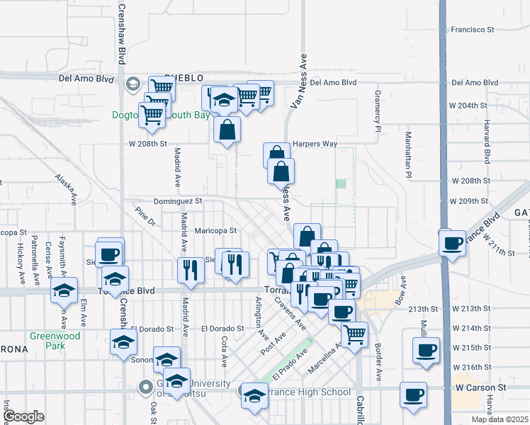 map of restaurants, bars, coffee shops, grocery stores, and more near 715 Border Avenue in Torrance