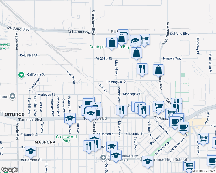 map of restaurants, bars, coffee shops, grocery stores, and more near 708 Acacia Avenue in Torrance