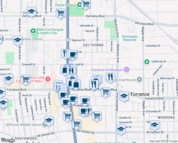 map of restaurants, bars, coffee shops, grocery stores, and more near 20917 Amie Avenue in Torrance