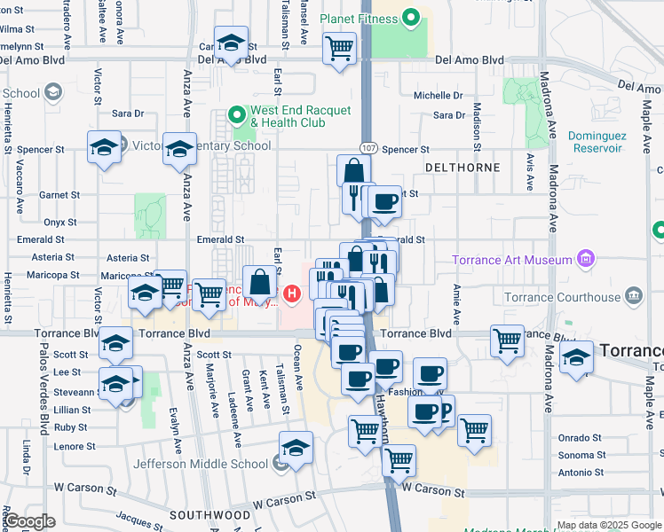 map of restaurants, bars, coffee shops, grocery stores, and more near 3922 Emerald Street in Torrance