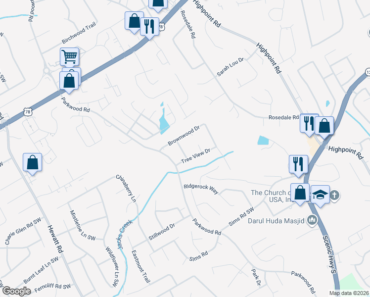 map of restaurants, bars, coffee shops, grocery stores, and more near 2422 Idlewood Way in Snellville