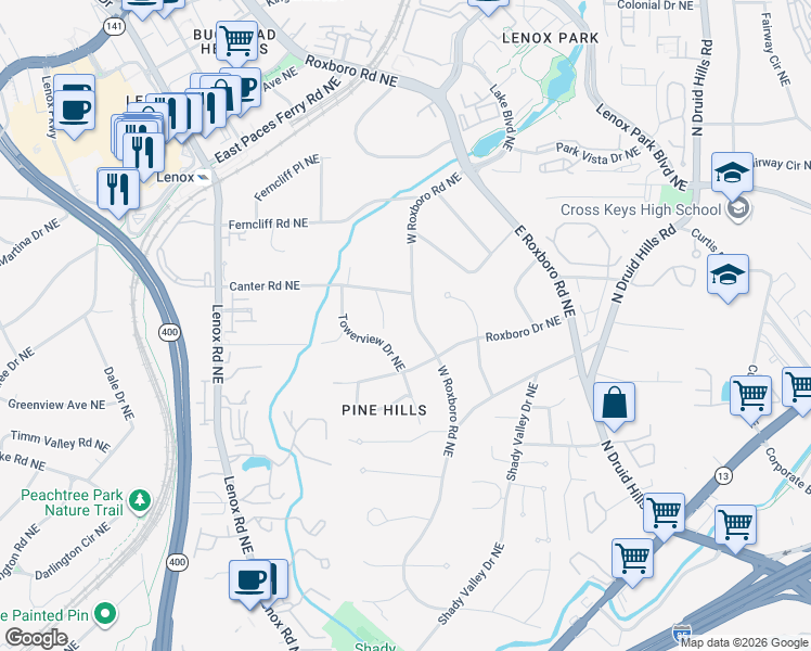 map of restaurants, bars, coffee shops, grocery stores, and more near 3131 Merrick Drive Northeast in Atlanta