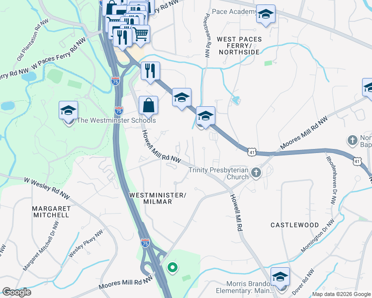 map of restaurants, bars, coffee shops, grocery stores, and more near 3075 Howell Mill Road Northwest in Atlanta