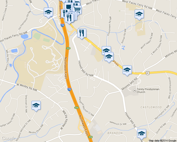 map of restaurants, bars, coffee shops, grocery stores, and more near 3101 Howell Mill Road Northwest in Atlanta