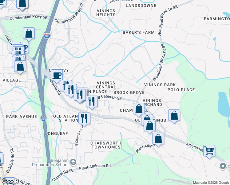 map of restaurants, bars, coffee shops, grocery stores, and more near 2770 Vinings Central Run Southeast in Atlanta