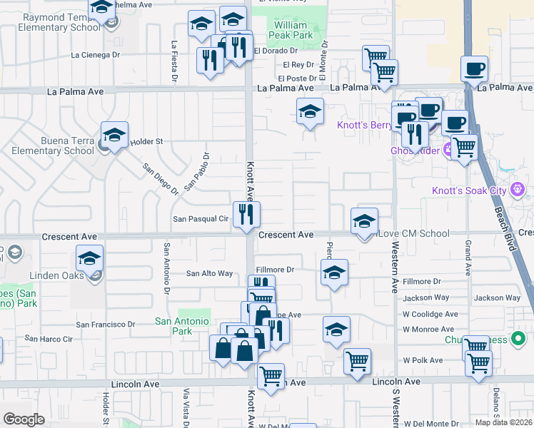map of restaurants, bars, coffee shops, grocery stores, and more near 7095 Santa Anita Circle in Buena Park