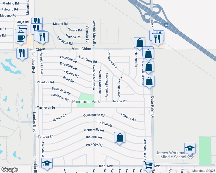 map of restaurants, bars, coffee shops, grocery stores, and more near 28653 Avenida Marquesa in Cathedral City
