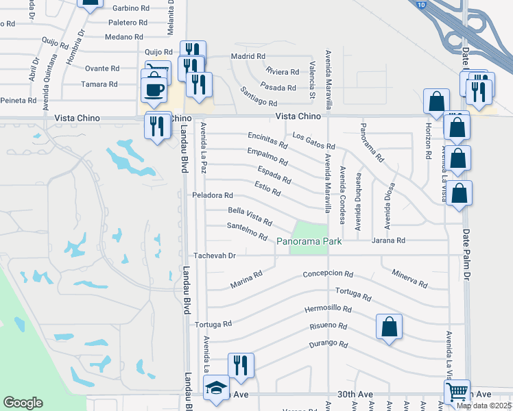 map of restaurants, bars, coffee shops, grocery stores, and more near 68215 Peladora Road in Cathedral City