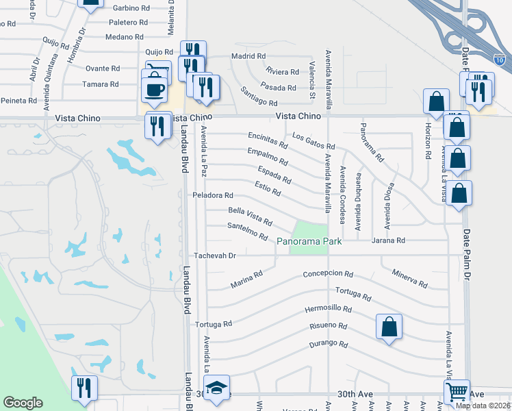 map of restaurants, bars, coffee shops, grocery stores, and more near 68215 Peladora Road in Cathedral City